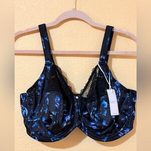 Elomi Morgan Underwire Bra 40K 40H Black Blue Floral Lace NWT